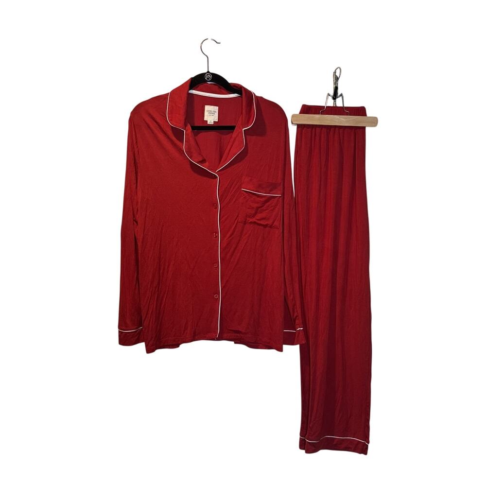 Chelsea Peers Size 12 Red Modal Long Sleeve Pajama Set with White Pipping